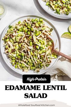 two plates filled with edamame lentil salad on top of a white table