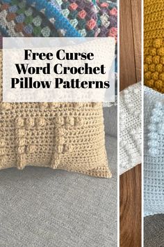 three crocheted pillows with text overlay that reads free curse word crochet pillow patterns