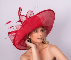 Red -  wide brim hat couture classical hat for elegant ladies. Wear it at the weddings, or church or Ascot or Derby or club events- you will be definitely make a statement! This hat is made of sinamay and adorned with large sinamay wired bow . Crinoline and Feathers add an additional charm. It can be made in a wide range of colors and sizes..Please email me about the options and I'll try to make sure it happens for you. Also I'll make it fit right for you. Please try to order your hat in advance Red Top Hat With Curved Brim For Formal Occasions, Red Curved Brim Boater Hat For Kentucky Derby, Red Boater Hat With Curved Brim For Kentucky Derby, Red Hat For Royal Ascot Event, Red Wide Brim Mini Hat For Wedding, Elegant Red Costume Hats And Headpieces For Events, Elegant Red Boater Hat With Curved Brim, Elegant Red Mini Hat For Royal Ascot, Red Brimmed Wedding Hat