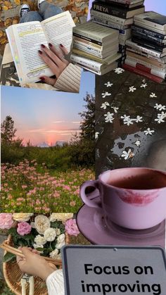 a collage of photos with books, flowers and a cup of coffee