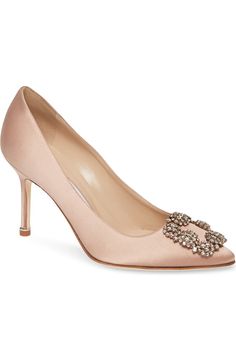 Manolo Blahnik Hangisi Pump (Women) | Nordstrom Manolo Blahnik Hangisi, The Vamp, Blue Crystals, Manolo Blahnik, Black Satin, Women's Pumps, Wedding Shoes, Kitten Heels, Nordstrom