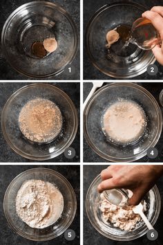 the steps to make an uncooked pie crust in a glass bowl with a spoon