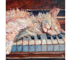 an oil painting of a cat sleeping on top of a piano keyboard with its eyes closed