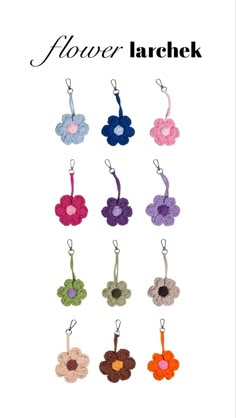 the flower lareche key chain is shown in different colors and sizes, with an attached