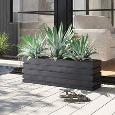 a planter with some plants in it sitting on a deck next to a swimming pool