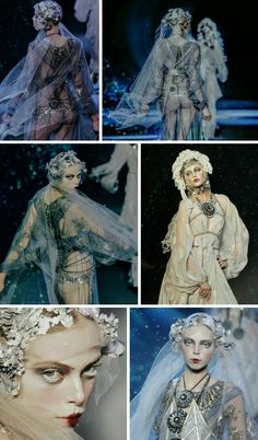 many different pictures of the same woman's dress and headpieces on display