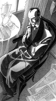 a black and white drawing of a man sitting in a chair talking on the phone