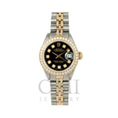 Model - Rolex Oyster Perpetual Lady Date Reference Number - 6919 Movement  Automatic Bezel - Yellow Gold Custom Diamond Bezel Total Carat Weight - 0.90 CT Dial  Black Custom Diamond Dial Case Size  26mm Crystal - Scratch-resistant Sapphire Crystal Bracelet - Stainless Steel and Yellow Gold Jubilee Bracelet Gender  Women's Box - Rolex Box Size: One Size.  Color: Metal Type.  Gender: female.  Age Group: adult. Date Reference, Rolex Oyster Perpetual Date, Buy Rolex, Women Boxing, Rolex Oyster Perpetual, Rolex Oyster, Oyster Perpetual, Brown Diamond, Pearl Diamond