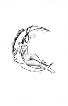 a black and white drawing of a woman laying on the moon with her hair blowing in the wind