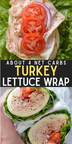 turkey lettuce wrap with tomatoes and onions in it, on top of lettuce