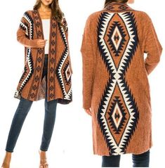 AZTEC TRIBAL SOUTHWESTERN PRINT KNIT CARDIGAN SWEATER DUSTER TOP Description   Aztec Tribal Southwestern Print Knit Cardigan Sweater Duster Top. Super Hot Design!!!   Size    SMALL Size  XS 0/2  S   2/4  M  6/8 L 10/12 XL12/14 Bust  31-32  33-34  35-36  37-38  39-40 Waist  23-24  25-26  27-28  29-30  31-32 Hips  33-34  35-36  37-38  39-40  41-42   Color   Rust/Black/White  /  as pictured   Fabric Content  Soft Acrylic  Condition  Brand New. Imported.   Thank You for shopping with Us! Your busine Southwestern Style Brown Outerwear For Fall, Southwestern Brown Outerwear For Fall, Bohemian Brown Long Sleeve Sweater Coat, Bohemian Fair Isle Cardigan For Fall, Bohemian Fair Isle Pattern Cardigan For Fall, Long Cardigan Sweater, Southwestern Print, Sweater Duster, Gilet Long