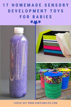 different types of crafts for kids with text that reads 17 homemade sensory development toys for babies