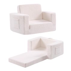 two white chairs and a footstool are side by side on a white background