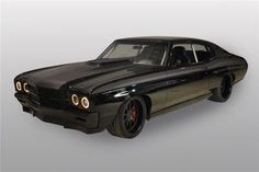 a black muscle car is shown in this image