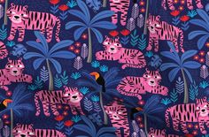 a pink tiger and black bird on purple background with blue leaves, flowers and plants