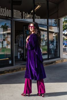 The Koi kimono is a slim sleeve variety. Featuring a fold over lapel panel, deep front pockets, contrasting and vibrant lining and a nice long waist tie. Made from a luscious stretch velvet and plum paisley lining that is dark and vobrant all at once. Machine wash on cold, gentle and hang dry. S/M : 0-12 L/XL: 14-22 Koi Kimono, Jewel Tone Outfits, Plum Velvet, Velvet Kimono, Stretch Velvet, Friends Fashion, Wholesale Fashion, Fold Over, Waist Tie