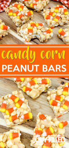 candy corn peanut bars on a cutting board with text overlay that reads candy corn peanuts