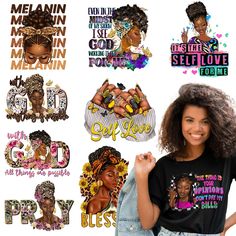 an image of a woman with afro hair wearing different t - shirts and sayings