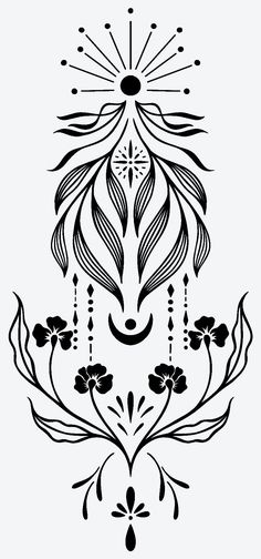 a black and white drawing of an ornate design with flowers, leaves and sunbursts