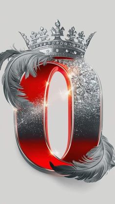 the letter o with a crown on top and feathers around it, in front of a gray background