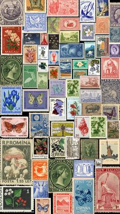 many different postage stamps are arranged together