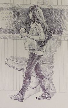 a drawing of a girl walking down the street with a backpack and coffee in her hand