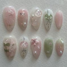 24pcs Pink Almond Press on Nails Flower False Nails with Pearl Design Wearable Stick-on Nails Fake Easy Nails, Nail Art Set, Pretty Gel Nails, Really Cute Nails, Nail Forms, Flower Nail Art, Cute Nail Art