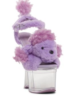 These shoes have a faux fur construction with a poodle plushie on the uppers, a bunny tail at the heel, clear lucite platform and block heels, and an ankle buckle closure. Pixie Party, Heels Purple, Winter Rose, Festival Shop, Sugar Thrillz, Bunny Tail, Pink Sugar, A Bunny, Pink Heels