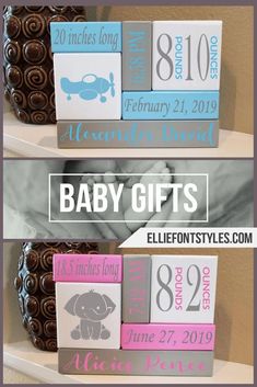 two baby blocks with numbers on them and the words baby gifts written in pink, blue, and gray