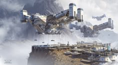 some sci - fi structures floating in the air over a mountain