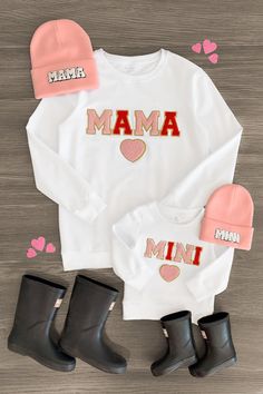 Mom & Me - Mama & Mini White Chenille Patch Top - Sparkle in Pink White Tops With Embroidered Graphics For Mother's Day, Embroidered White Tops For Mother's Day, White Embroidered Tops For Mother's Day, White Tops With Letter Embroidery For Mother's Day, Family Matching Pink Tops For Fall, Customizable Pink Tops For Fall, Chenille Patch Ideas, Iron On Patches Sweatshirt Ideas, Iron On Patch Ideas Clothes