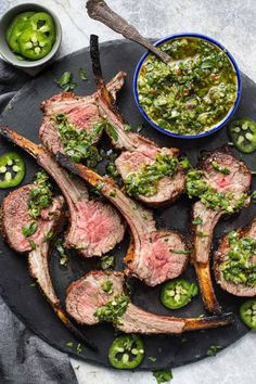 Individual lamb chop lollipops on a serving platter with jalapeno chimichurri. Lamb Roast Recipe, Homemade Barbecue Sauce Recipe, Lamb Lollipops, Lamb Rack, Grilled Recipes, Bbq Recipes Grill, Meat Casserole, Dry Rubs