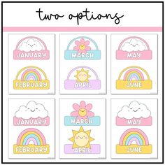 four months of the year with rainbows, clouds and sun in pastel colors