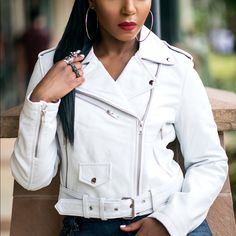 White Haute Genuine Leather Biker Jacket. All Sizes Up To 3xl. Super Soft Leather , Will Go With Anything From Denim Jeans Or Over A Beautiful Dress. Not Your Basic Jacket. Why Get Black When You Can Buy White? Or Lipstick Red ( In My Other Listing) Stand Out !! Be Seen! White Biker Leather Jacket For Fall, White Moto Leather Jacket For Fall, White Moto Outerwear With Zipper Closure, White Biker Jacket For Fall, White Moto Biker Jacket For Spring, White Moto Outerwear With Long Sleeves, White Long Sleeve Moto Outerwear, White Fitted Moto Biker Jacket, White Fitted Outerwear With Zipper Closure