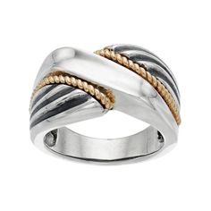 A twisted band decorated with rope and oxidized details makes this two-tone ring a contemporary choice. RING DETAILS Width: 0.85 in. Metal: sterling silver Plating: 14k gold Finish: oxidized Packaging: boxed   Size: 7. Color: Grey. Gender: female. Age Group: adult. Two Tone Rings Mixed Metals, Dual-tone Sterling Silver Necklace, Gold Dual-tone Bangle Jewelry, Gold And Silver Dual-tone Necklace, Adjustable Double Strand Gold-tone Jewelry, Twisted Band, Right Hand Rings, Twist Ring, Womens Jewelry Rings