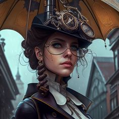 a woman with glasses and an umbrella in front of her is looking into the distance