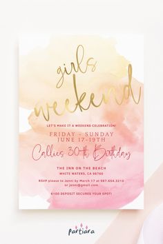 Self-editable 5x7" invite - follow the link for details and free demo! ♦ Easily edit online in your browser then download and print or send digitally ♦ A girls weekend is the ultimate celebration. Create an elite tier bridal shower or birthday pamper celebration, as this elegant ombre invite claims style from the outset ♦ #girlsweekend #girlspartyinvitation #pamperweekendinvite #pamperpartyinvite #birthdayweekendinvite #birthdayinvitations #bridalshowerinvite Shower Spa, Milestone Poster, Birthday Invites, Party Invitations Printable, Weekend Party, Birthday Weekend