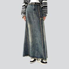 The 2023 Winter Collection brings you the perfect streetwear-style statement piece—our Sanded Denim Skirt! A perfect blend of vintage allure and today's spirited fashion pulse. this long. high-waisted skirt is designed to turn heads and bring out the boldest of fashionistas!Why This Skirt is an Absolute Must-HaveRetro meets modern in this timeless denim masterpiece. Its long silhouette and zipper & button closure make it a flattering statement piece that exudes confidence and style in any settin Denim Blue High Waist Skirt For Fall, Long Denim Skirt With Frayed Hem For Spring, Spring Long Denim Skirt With Frayed Hem, Denim Relaxed Fit Skirt For Fall, Relaxed Fit Denim Skirt For Fall, Wide Leg Denim Skirt With Frayed Hem, Relaxed Denim Skirt For Fall, High Waist Denim Blue Skirt For Fall, High Waist Dark Wash Skirt For Fall