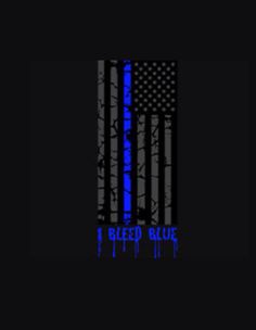 an american flag with the word bleed blue on it in black and blue font, against a dark background