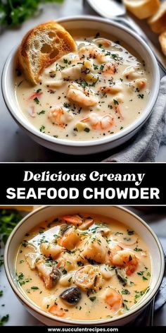 seafood chowder soup in a bowl with bread on the side and text delicious creamy seafood chowder