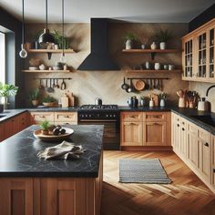 a kitchen filled with lots of wooden cabinets and black counter tops next to a stove top oven