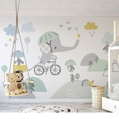 a child's room with an elephant wallpaper and a swing chair in the foreground