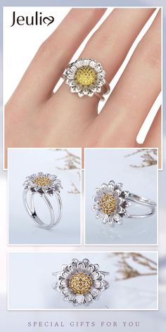 What a beautiful sunflower ring! Sunflowers are known for being “happy” flowers, making them the perfect gift to bring joy to someone's (or your) day. Its outstretched petals are like sun rays bursting with charm and elegance. Because of its likeness to the sun, sunflower symbolize adoration, loyalty and longevity. Dainty and delicate, this ring suits your feminine style. Sunflower Ring, Being Happy, Happy Flowers, Sun Rays, Quality Jewelry, Feminine Style, Sterling Silver Ring, Silver Ring, Sterling Silver Rings