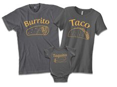 PRICES MAY VARY. Threadrock exclusive taco theme family matching shirts set. Each item sold individually. Designed and printed in the USA. Burrito for dad, taco for mom, and taquito for the precious baby. Adorable matching tees, makes a great gift for taco lovers! Perfect for Pregnancy Announcements, Cinco de Mayo, Mother's Day, Father's day, Valentine's Day, family outings, vacations, photo shoots, any occasion! Men's shirt: standard fit, 100% preshrunk cotton | Women's shirt: slim feminine fit Family Matching Shirts, Matching Family Shirts, Pregnancy Announcement To Husband, Family Shirts Matching, Mom Baby, Matching Tees, Cool Stuff, Matching Shirts