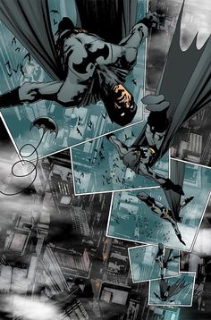 an image of a comic page with batman flying through the air and another scene in the background