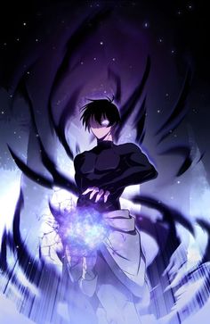 an anime character holding a ball in front of a dark background with clouds and stars