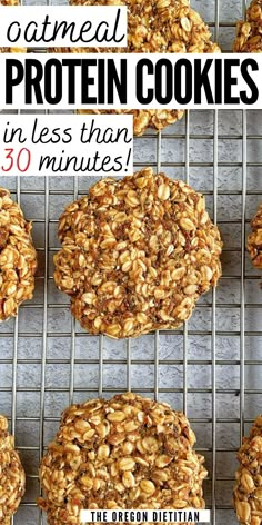 an image of oatmeal protein cookies in less than 30 minutes on a cooling rack