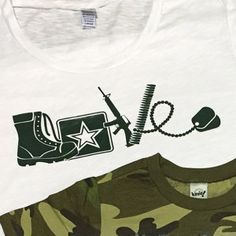 three t - shirts with different designs on them, one is white and the other is green