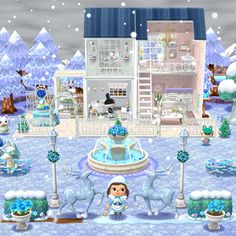 an animated image of a winter wonderland with animals and snowflakes on the ground