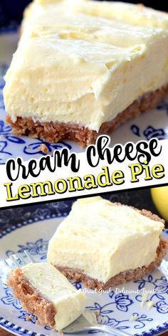 two pieces of lemonade pie on a blue and white plate with text overlay